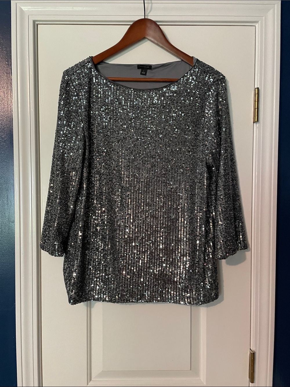 Ann Taylor Silver Sequin Boatneck Women's Top